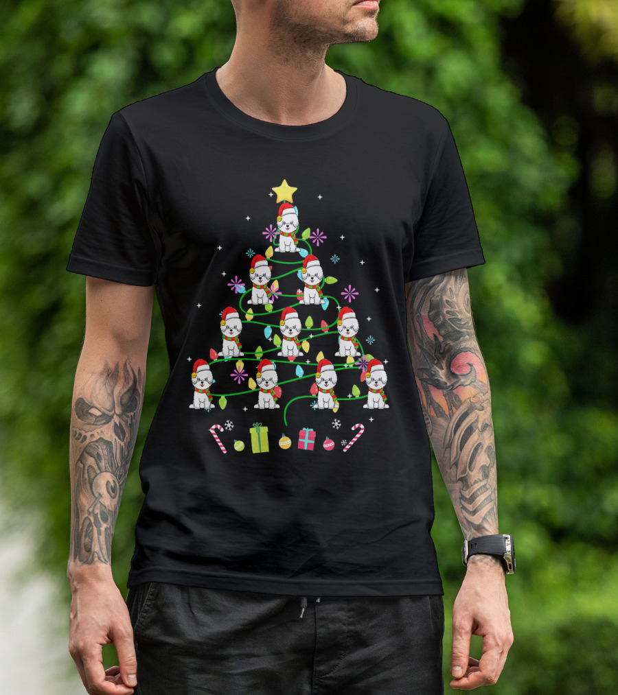 Bichon Frise Christmas Tree Santa Hats Lights Candies Presents Stars T-Shirt