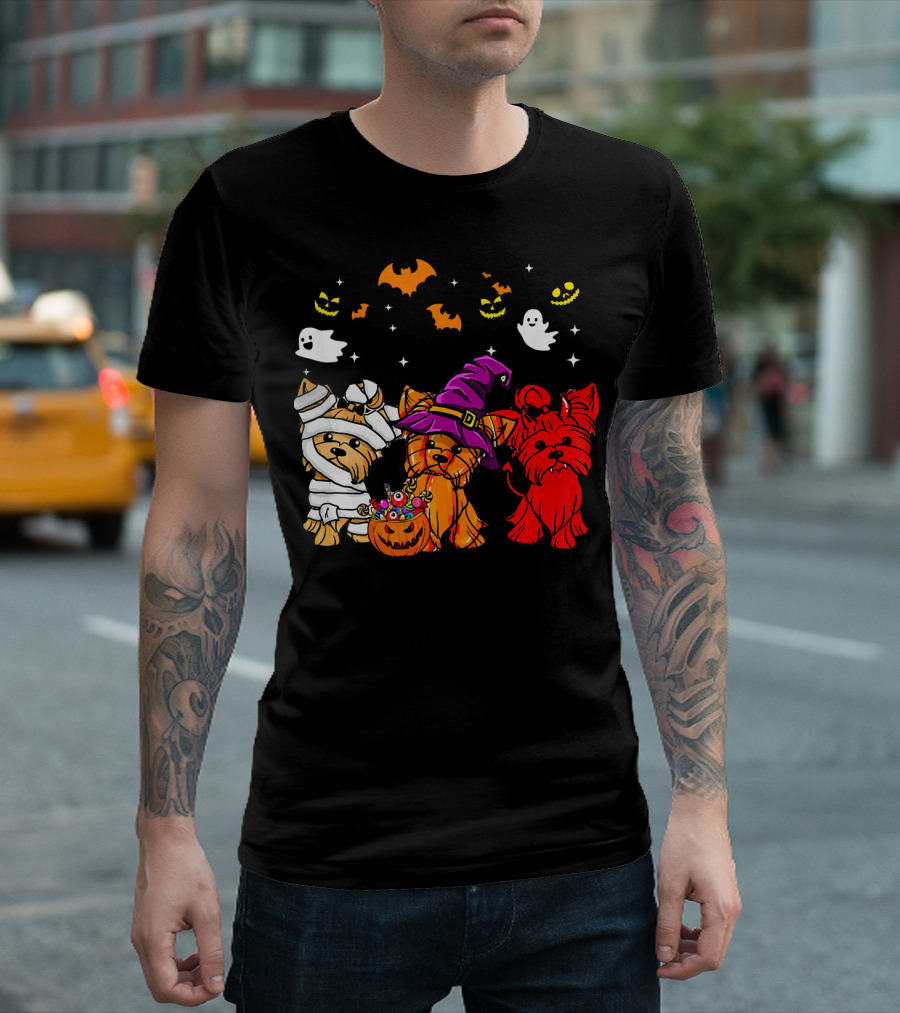 Yorkie Dogs Halloween Costumes Ghosts Bats Pumpkins T-Shirt