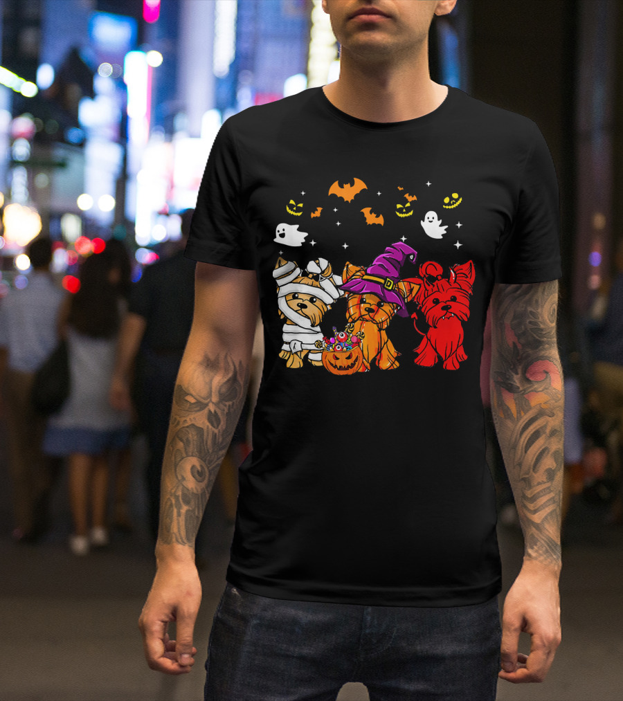 Yorkie Dogs Halloween Costumes Ghosts Bats Pumpkins T-Shirt