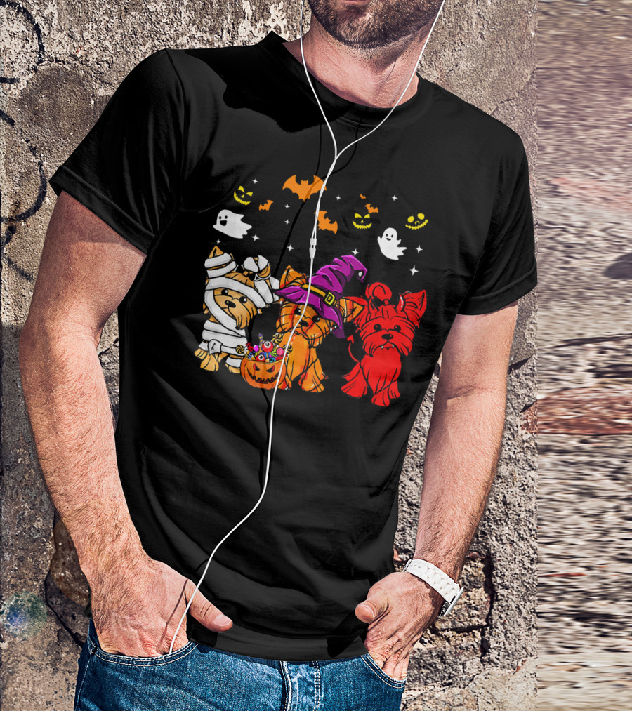 Yorkie Dogs Halloween Costumes Ghosts Bats Pumpkins T-Shirt