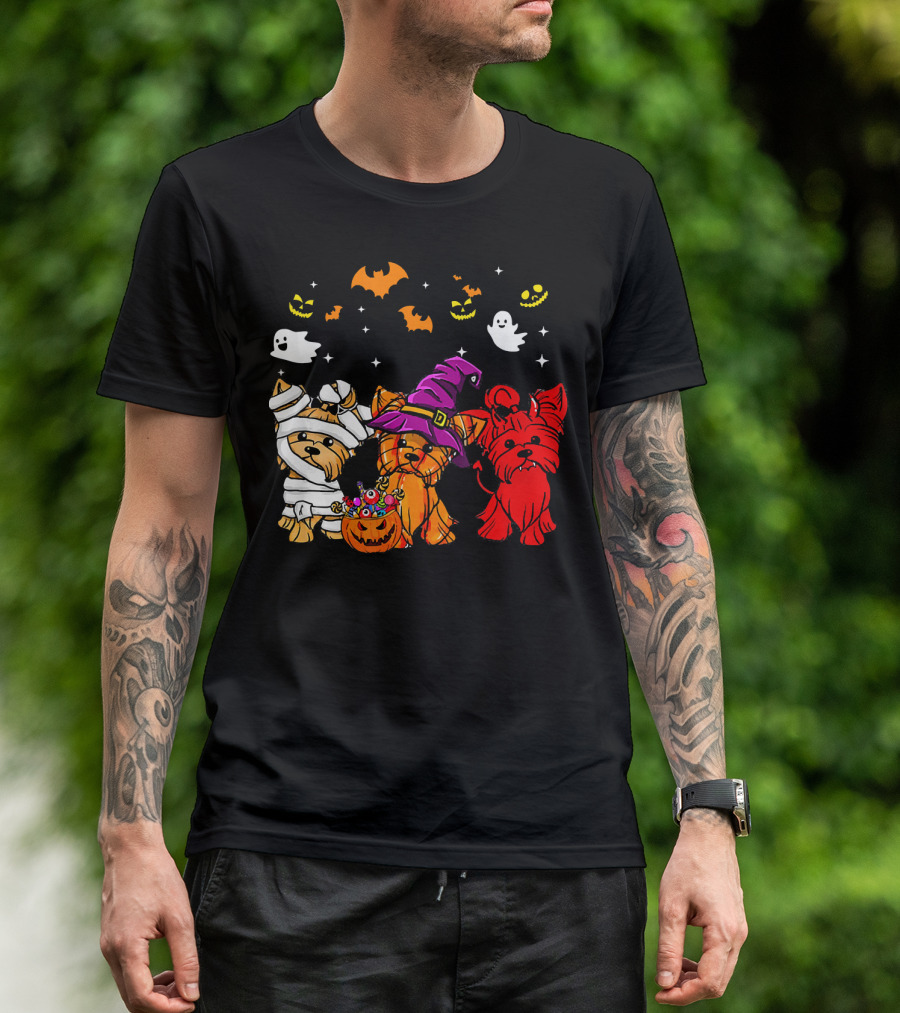 Yorkie Dogs Halloween Costumes Ghosts Bats Pumpkins T-Shirt