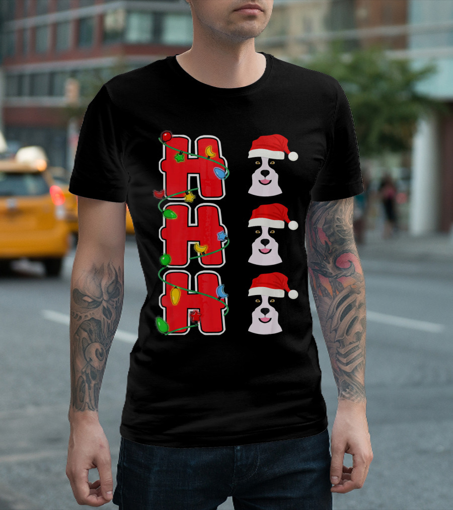 Ho Ho Ho Christmas Lights Santa Hats Border Collie T-Shirt