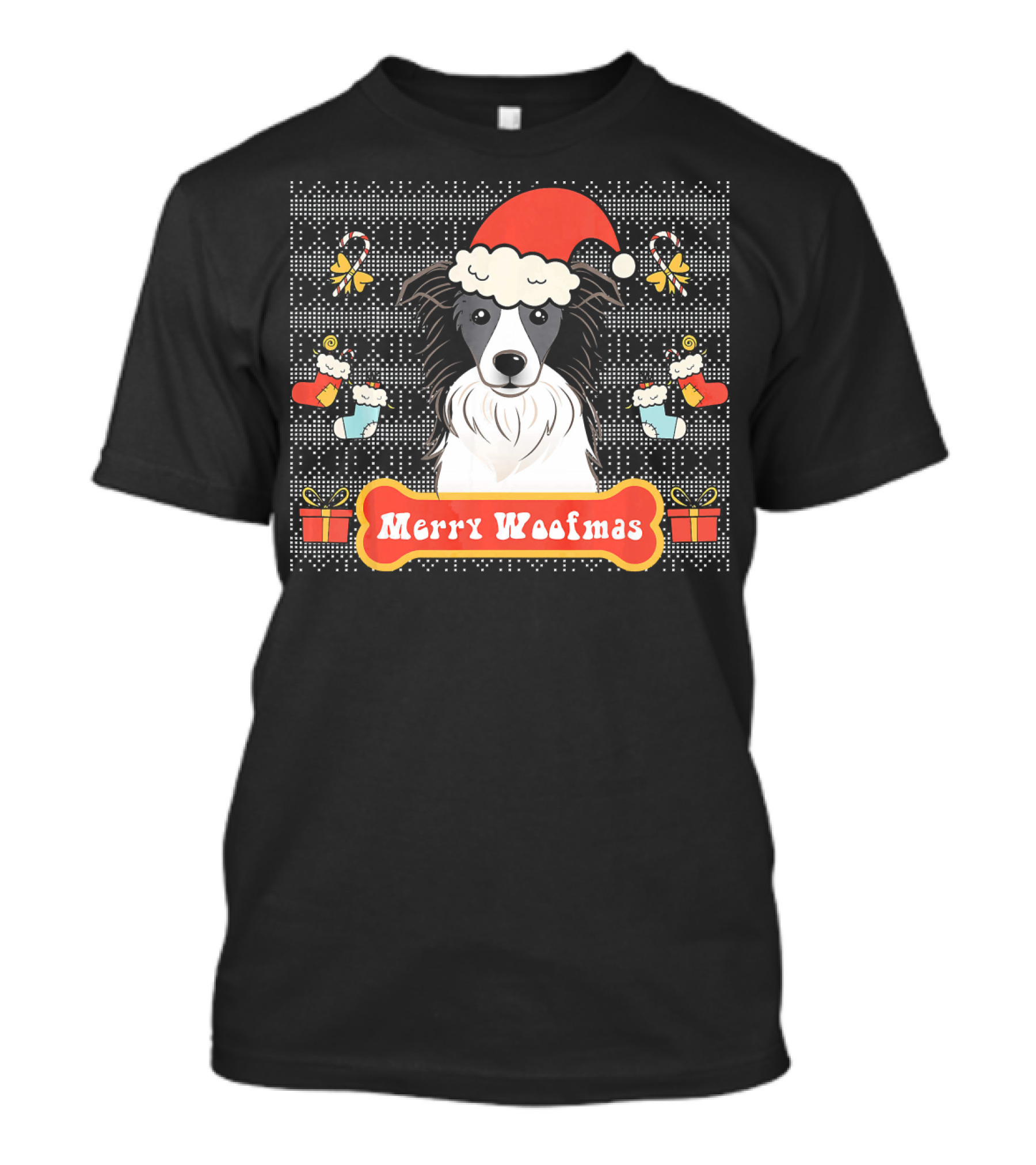 Merry Woofmas Ugly Christmas Border Collie Santa Hat Puppies Gifts Snowflakes T-Shirt