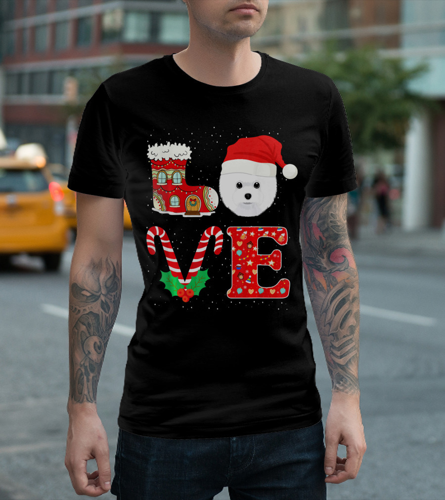 I Love My Bichon Frise Christmas Santa LOVE Candy Cane Boot Santa Hat T-Shirt