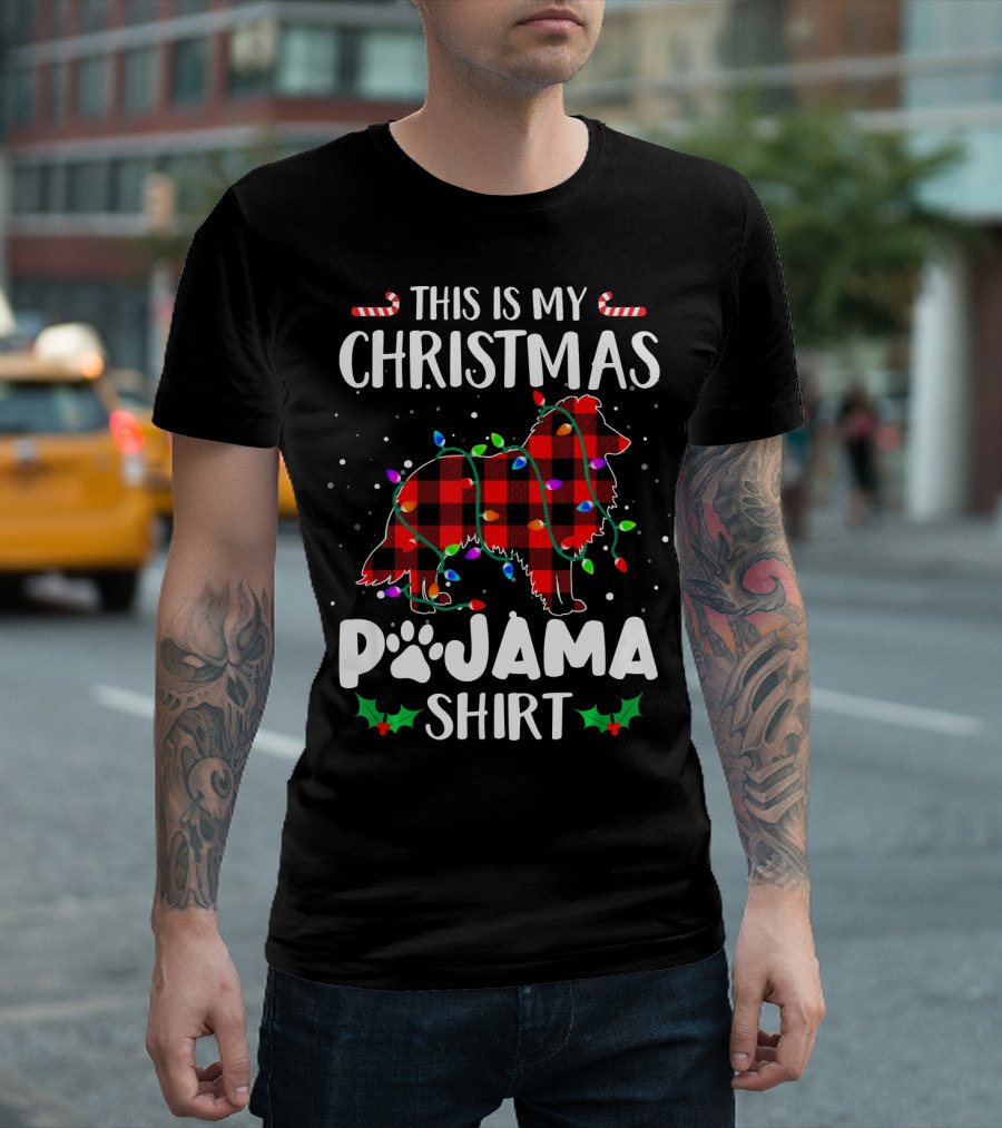 This Is My Christmas Pajama Shirt Border Collie Plaid Lights T-Shirt