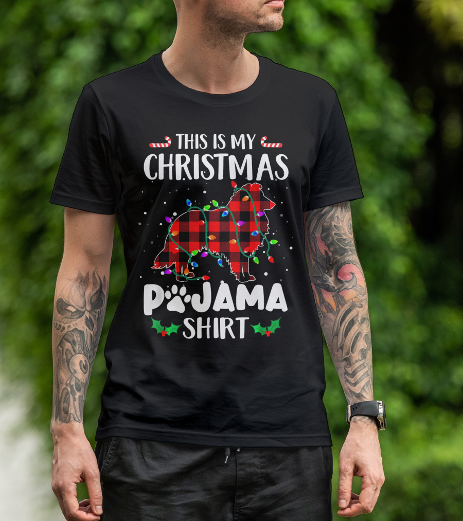 This Is My Christmas Pajama Shirt Border Collie Plaid Lights T-Shirt