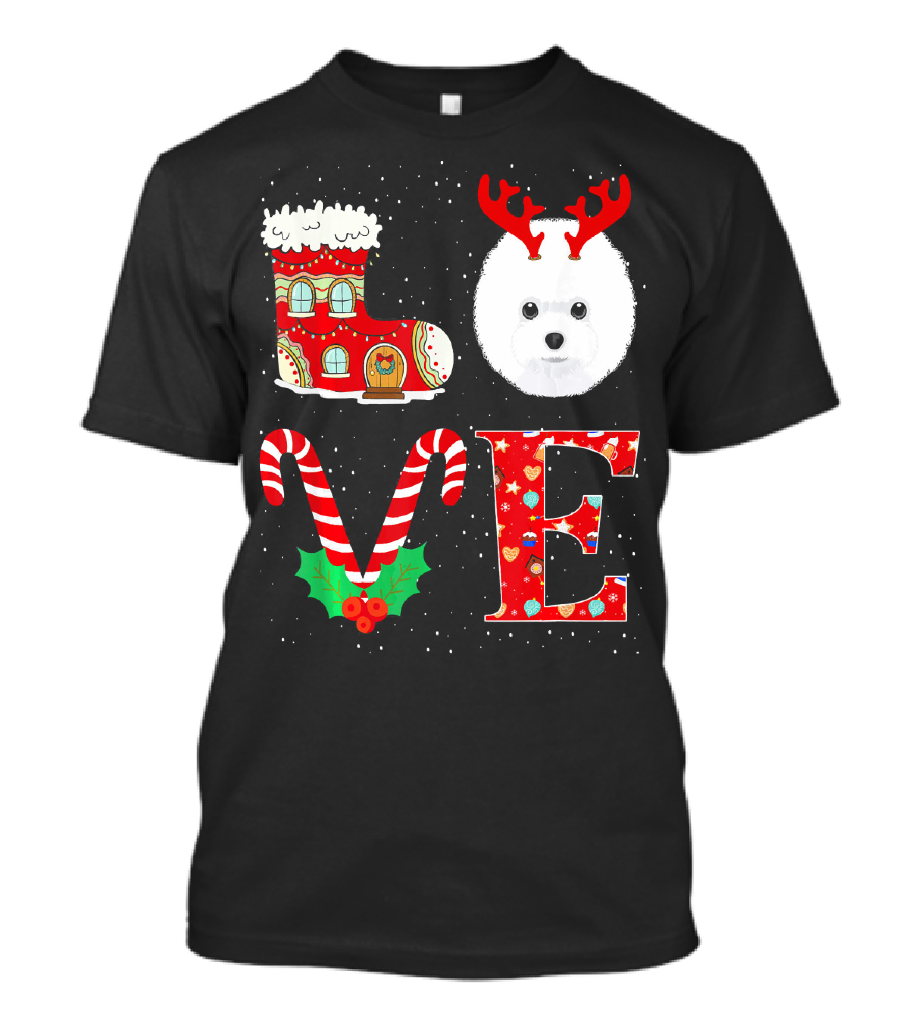 I Love My Bichon Frise Reindeer Horns Christmas Candy Cane Boot T-Shirt