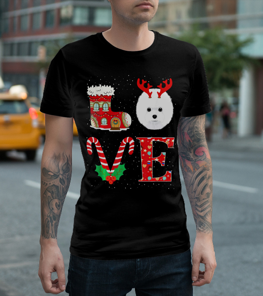 I Love My Bichon Frise Reindeer Horns Christmas Candy Cane Boot T-Shirt