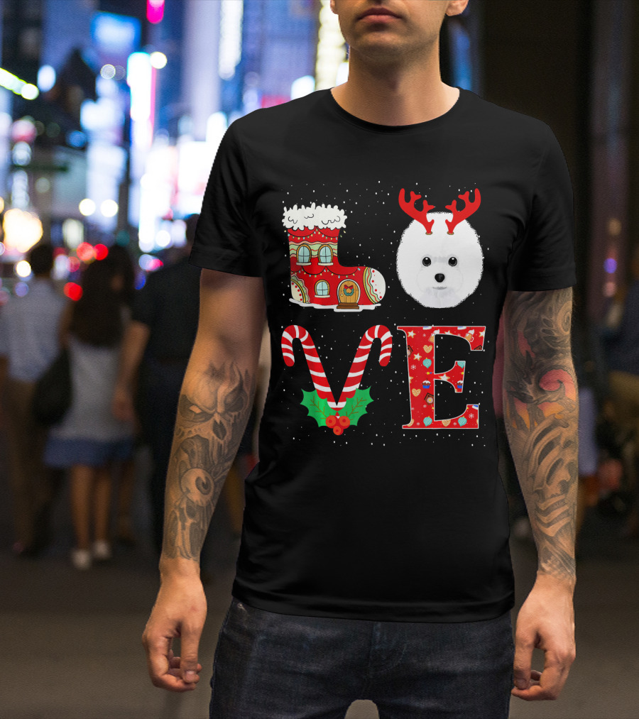 I Love My Bichon Frise Reindeer Horns Christmas Candy Cane Boot T-Shirt