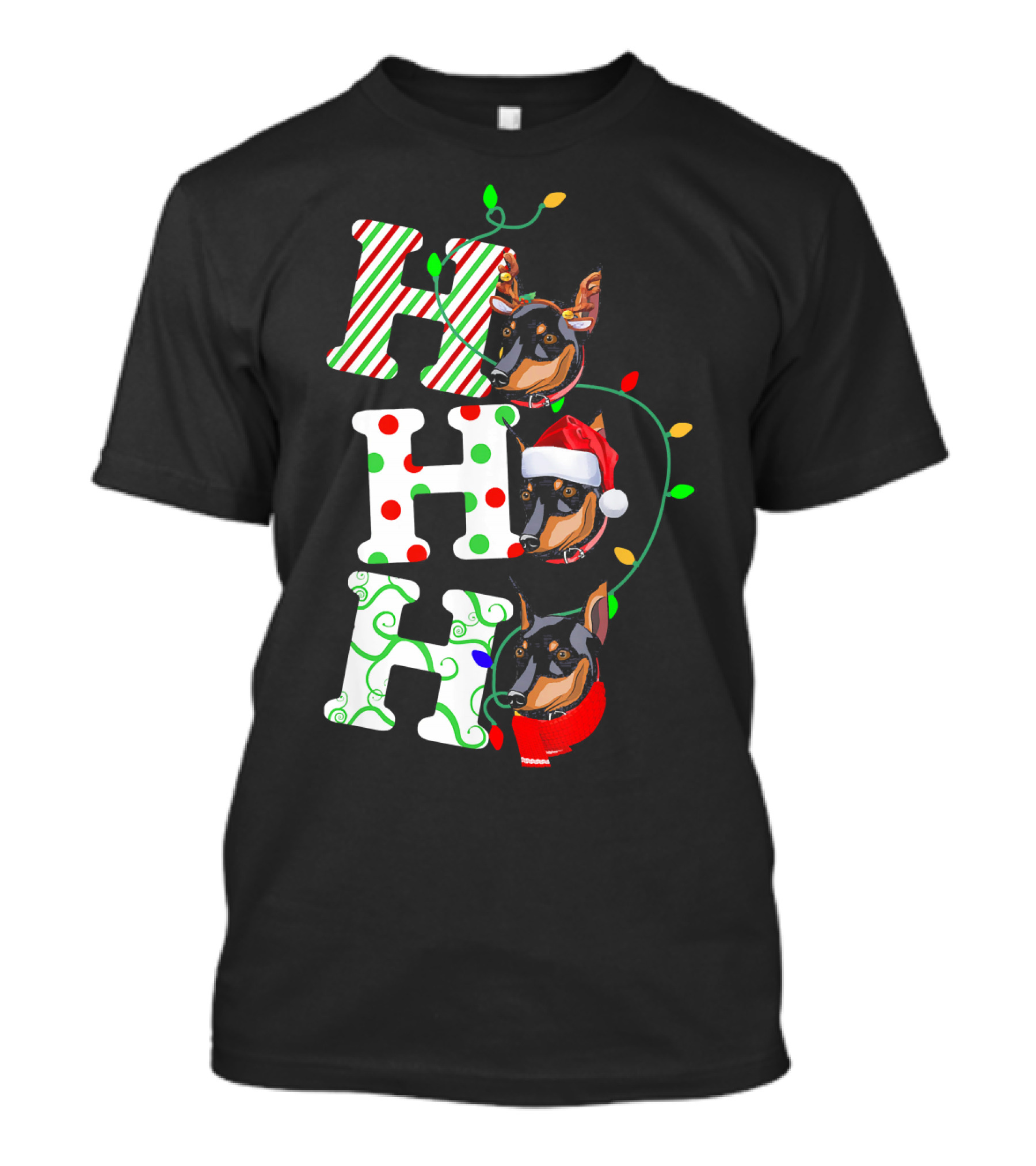 Miniature Pinscher Ho Ho Ho Christmas Santa Hat Festive Lights T-Shirt