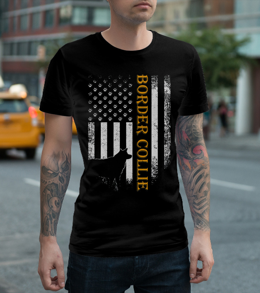 Border Collie USA Flag Paw Prints T-Shirt