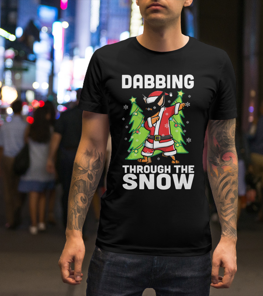 Dabbing Through The Snow Miniature Pinscher In Santa Outfit With Christmas Trees And Snowflakes T-Shirt