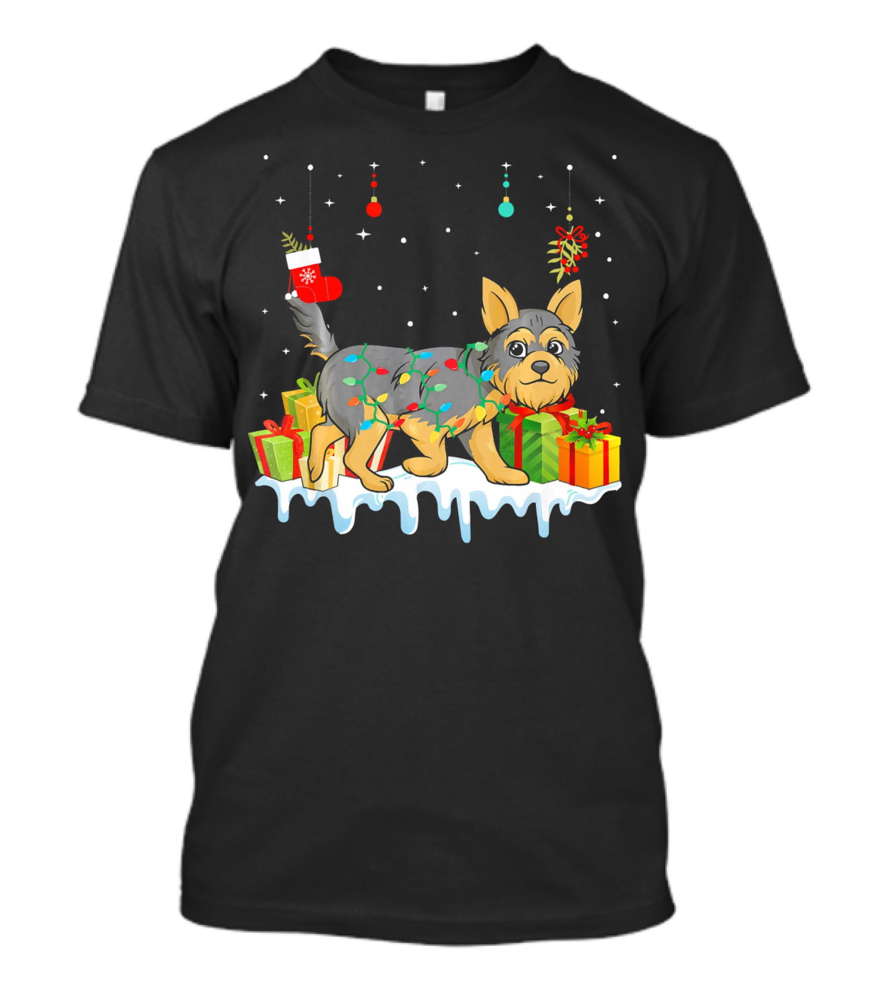 Matching Christmas Yorkshire Terrier Holiday Lights And Gifts Scene T-Shirt