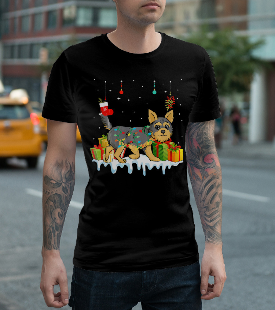 Matching Christmas Yorkshire Terrier Holiday Lights and Gifts Scene T-Shirt