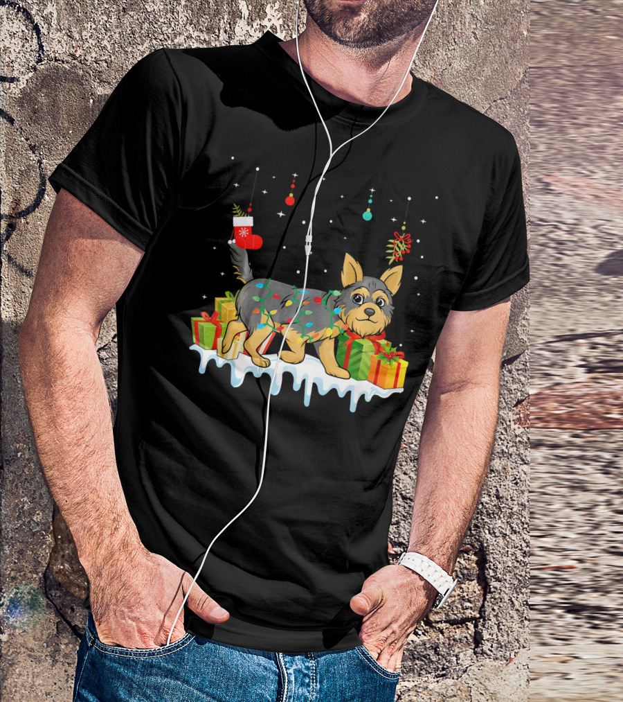 Matching Christmas Yorkshire Terrier Holiday Lights And Gifts Scene T-Shirt