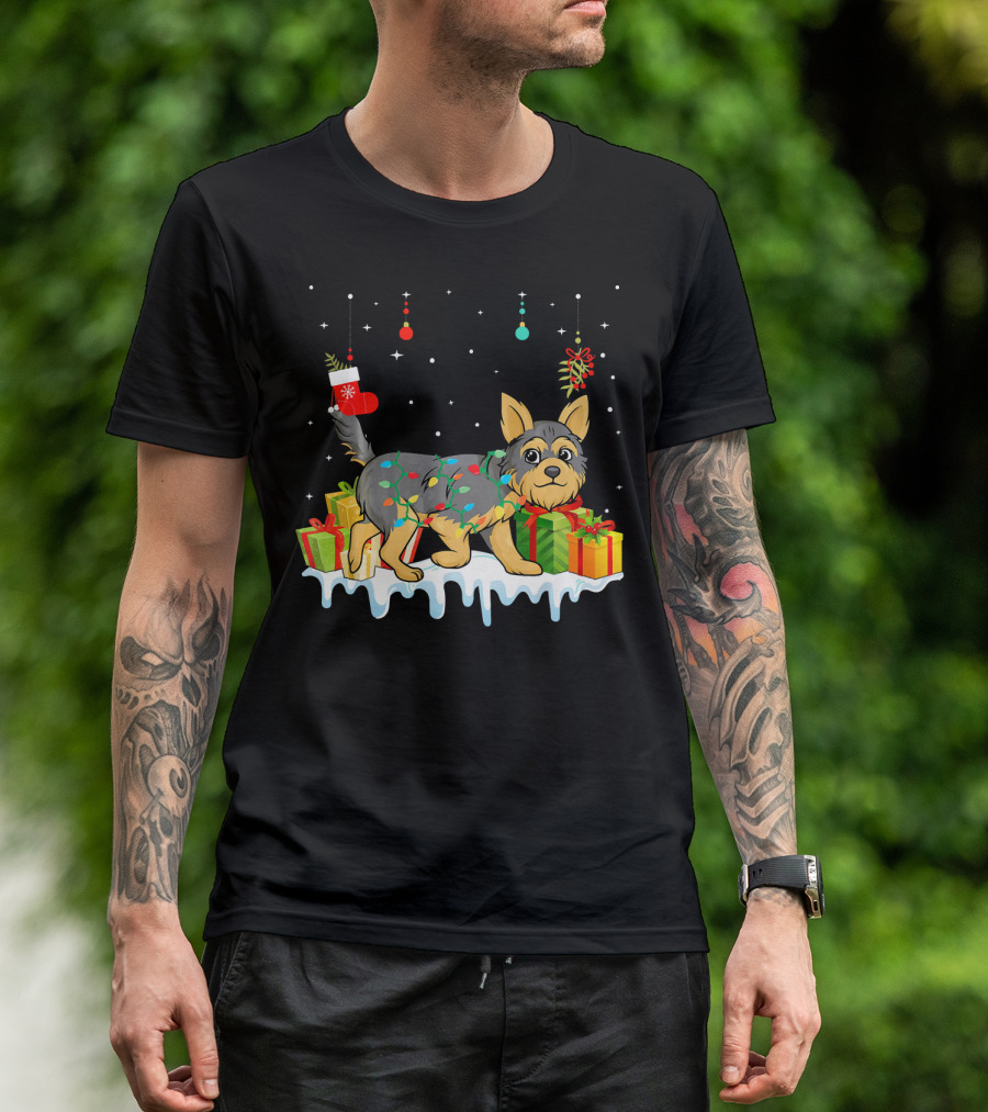 Matching Christmas Yorkshire Terrier Holiday Lights And Gifts Scene T-Shirt