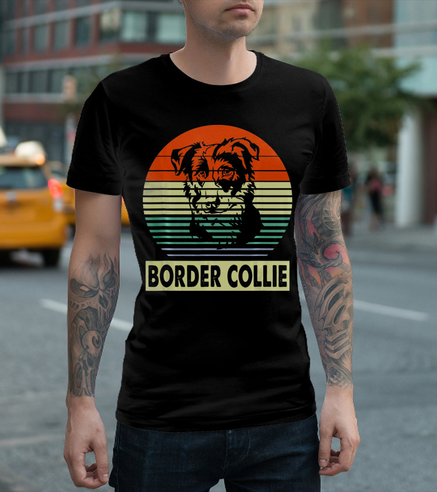 Retro Border Collie Vintage Sunset Stripes T-Shirt
