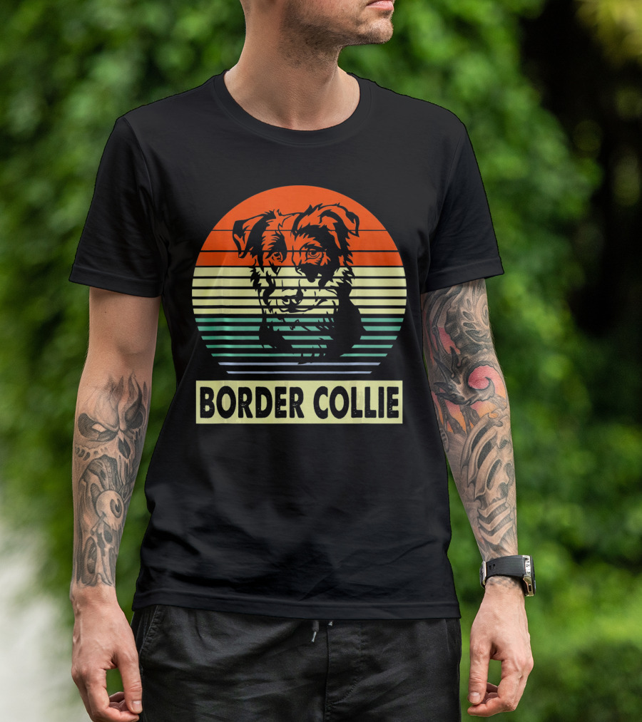 Retro Border Collie Vintage Sunset Stripes T-Shirt