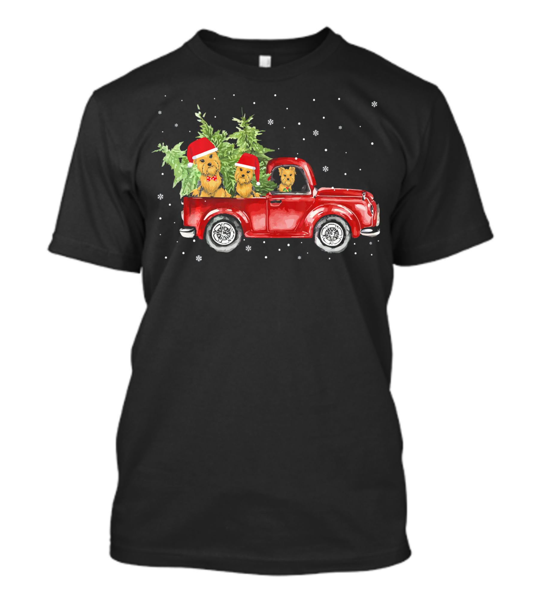 Yorkie Dogs In Christmas Pickup Truck With Snowflakes And Trees T-Shirt