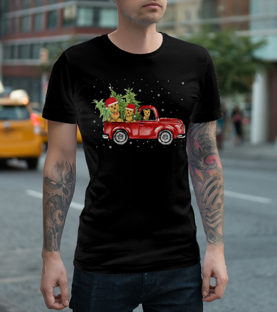 Yorkie Dogs in Christmas Pickup Truck with Snowflakes and Trees T-Shirt