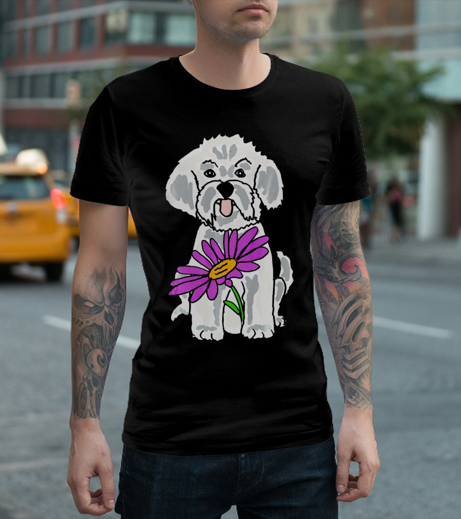 Smilenowtees Funny Bichon Frise Dog with Purple Flower T-Shirt