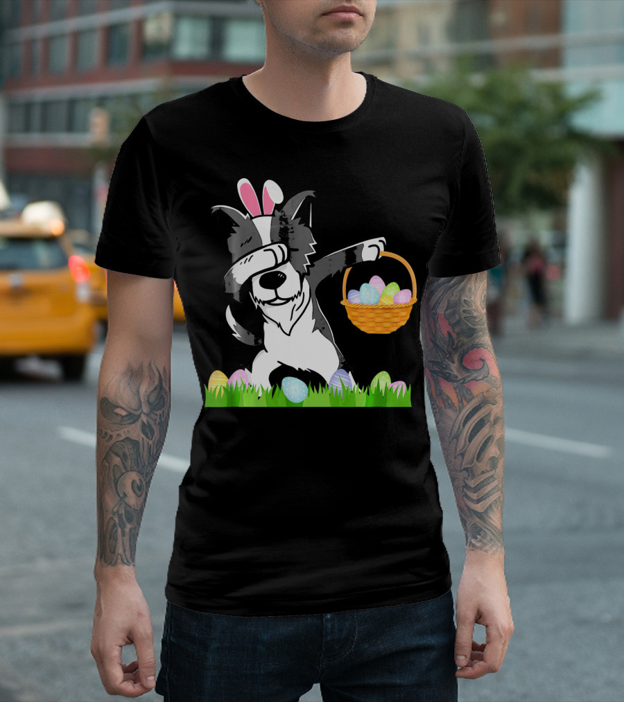 Happy Border Collie Bunny Dabbing Dab Easter Egg Basket T-Shirt