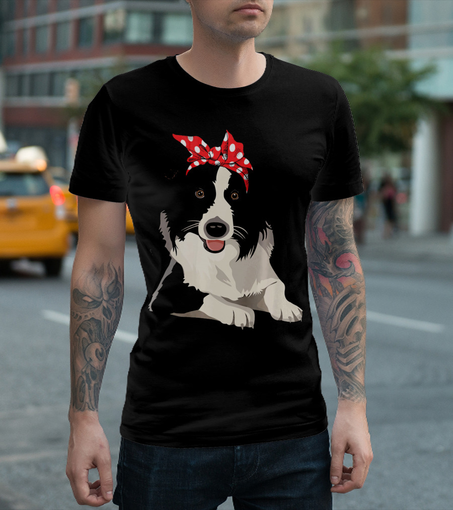 Funny Border Collie Mom Dog with Red Polka Dot Bandana T-Shirt