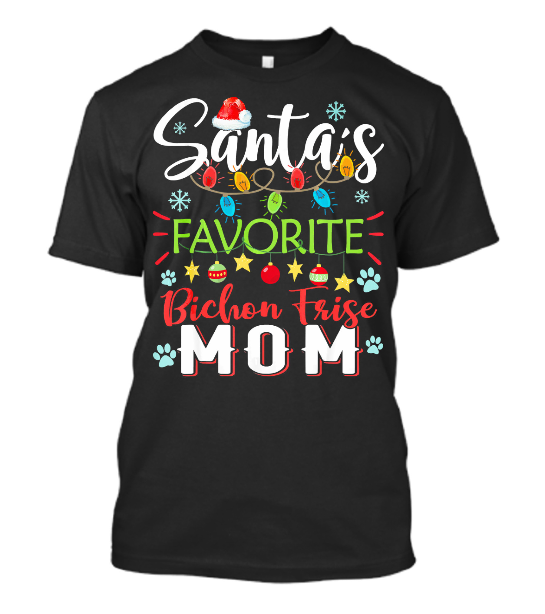 Santa's Favorite Bichon Frise Mom Christmas Lights And Paw Prints T-Shirt