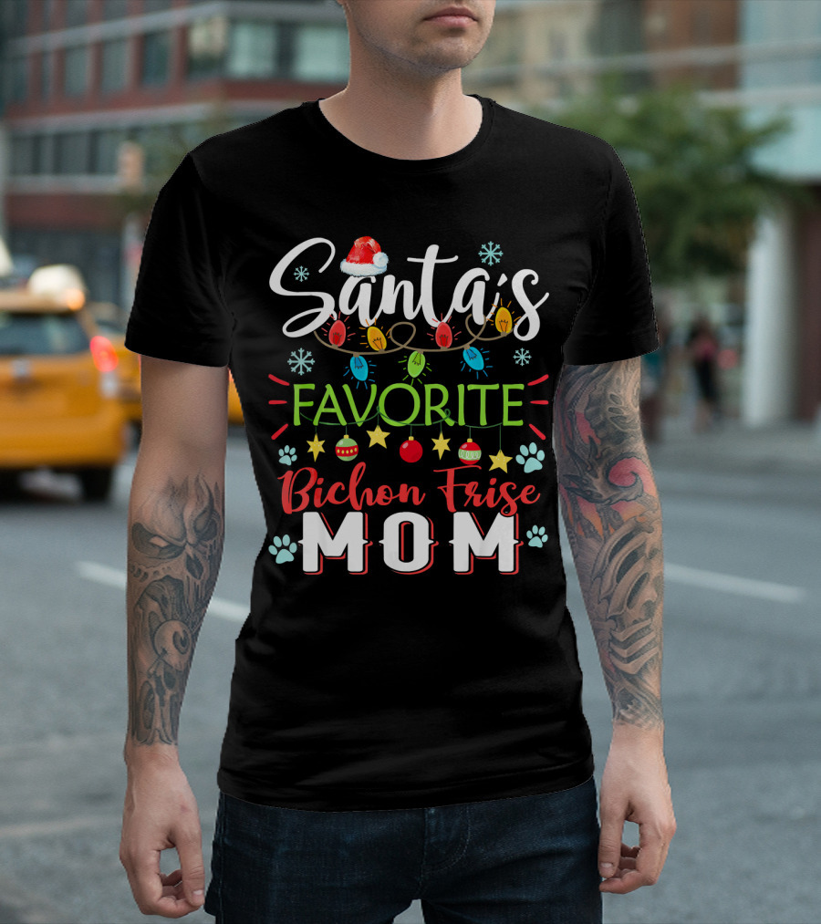 Santa's Favorite Bichon Frise Mom Christmas Lights And Paw Prints T-Shirt