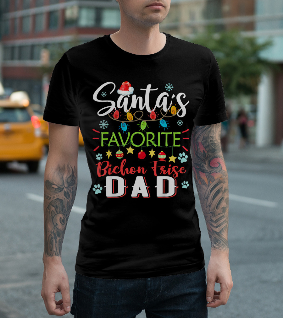 Santa's Favorite Bichon Frise Dad Xmas Paw Holiday Lights T-Shirt