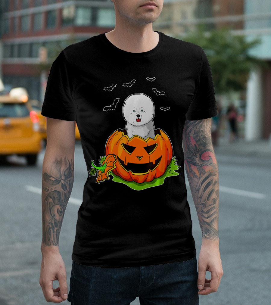 Halloween Bichon Frise Dog Lovers Pumpkin With Bats T-Shirt
