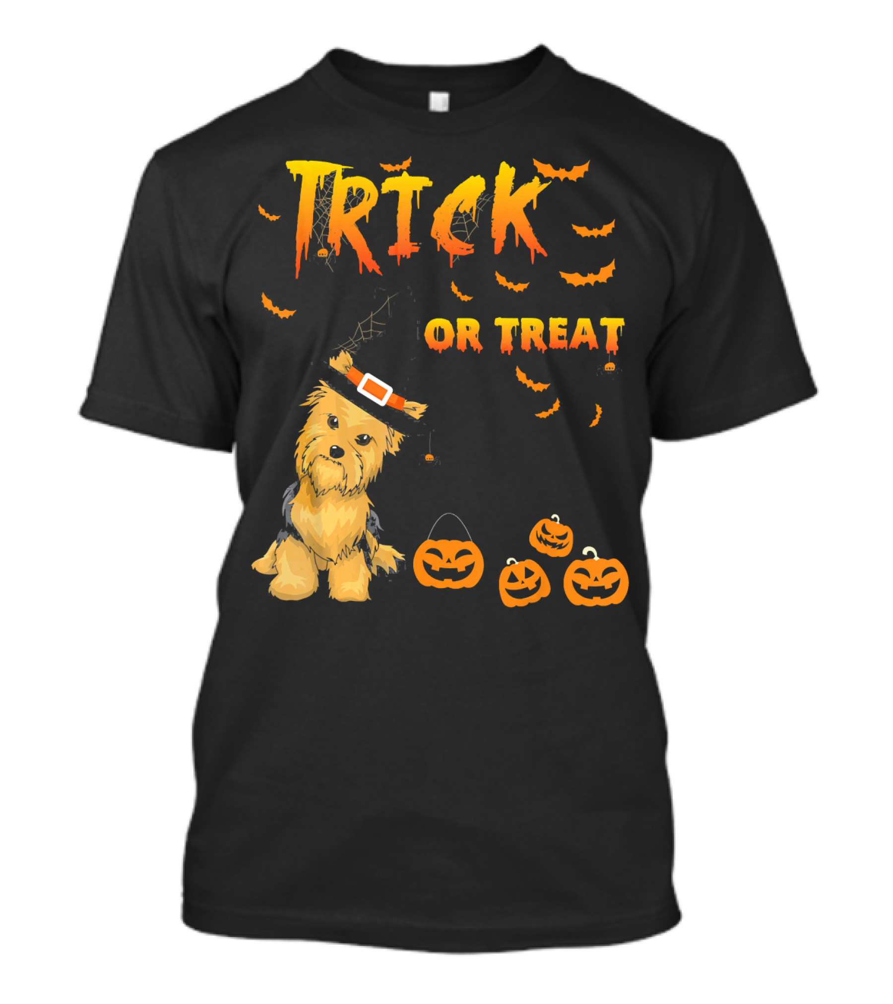 Trick Or Treat Funny Yorkie With Pumpkin And Witch Hat T-Shirt