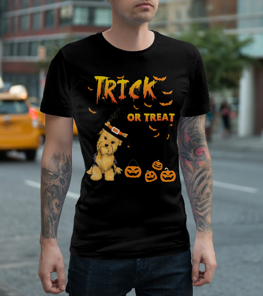 Trick or Treat Funny Yorkie with Pumpkin and Witch Hat T-Shirt