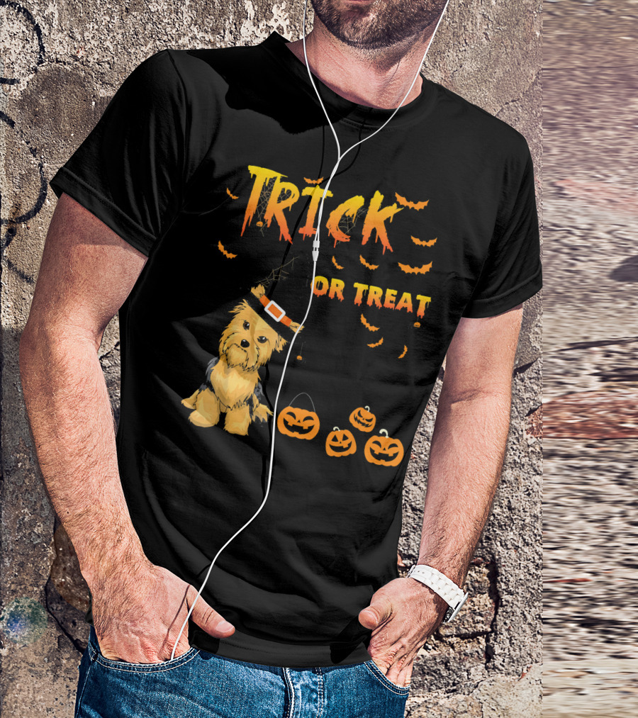 Trick Or Treat Funny Yorkie With Pumpkin And Witch Hat T-Shirt