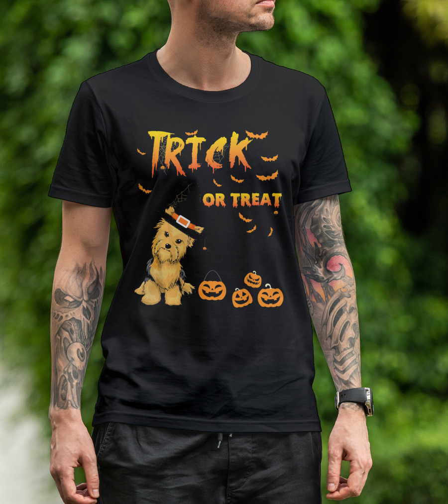 Trick Or Treat Funny Yorkie With Pumpkin And Witch Hat T-Shirt