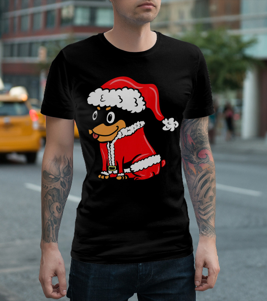 Miniature Pinscher Dressed As Santa Claus In Festive Red T-Shirt