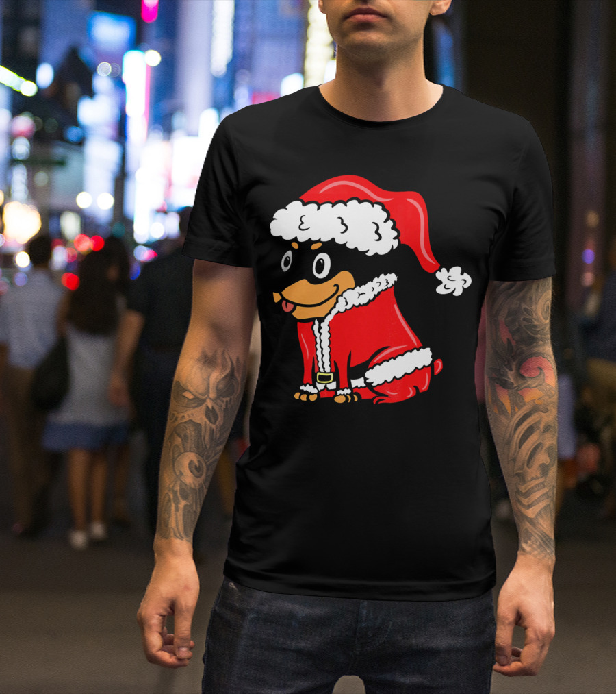 Miniature Pinscher Dressed As Santa Claus In Festive Red T-Shirt