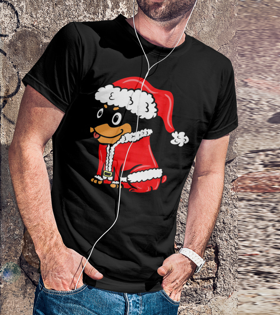 Miniature Pinscher Dressed As Santa Claus In Festive Red T-Shirt