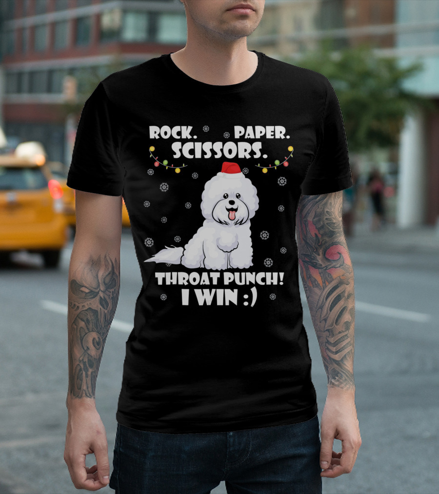 ROCK PAPER SCISSORS THROAT PUNCH I WIN BICHON DOG SANTA HAT SNOWFLAKES HOLIDAY LIGHTS T-Shirt