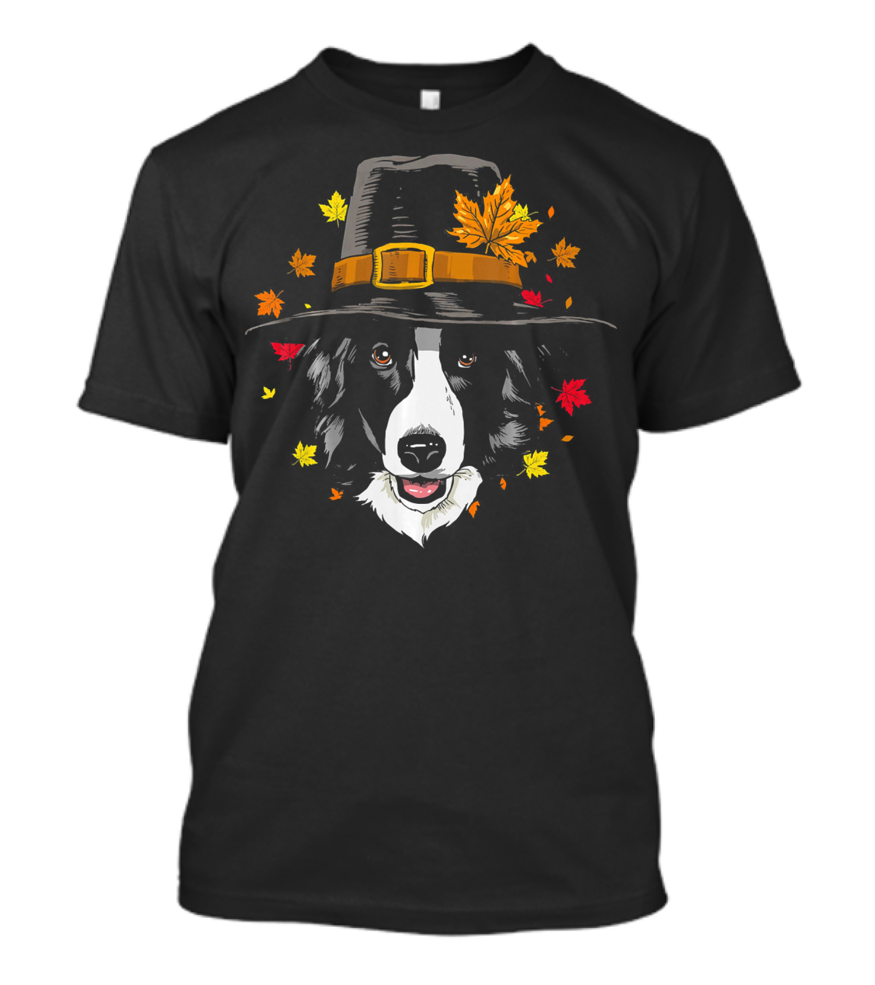 Thanksgiving Border Collie Pilgrim Hat Autumn Leaves T-Shirt