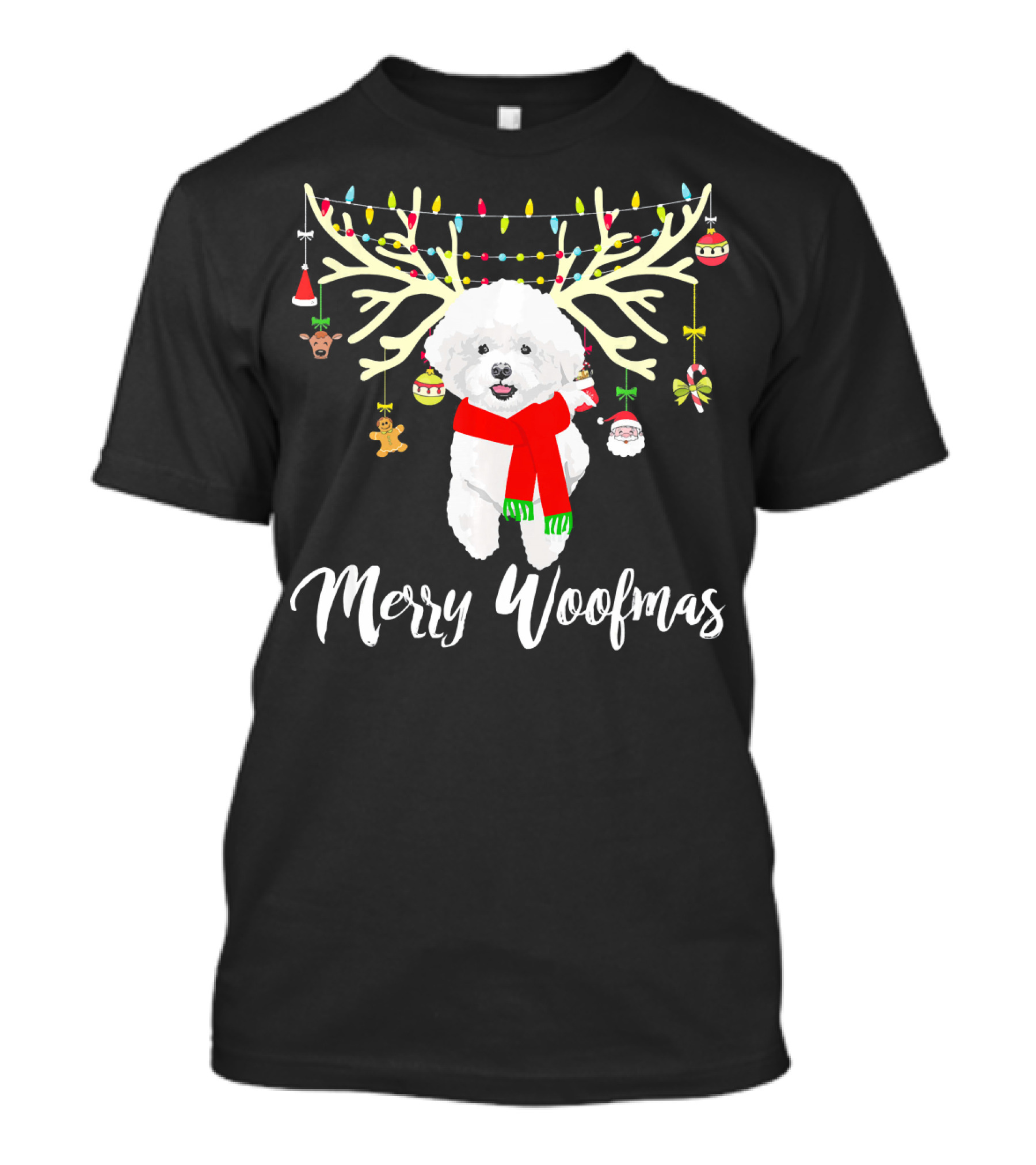 Merry Woofmas Bichon Frise Reindeer Christmas Decorations And Lights T-Shirt
