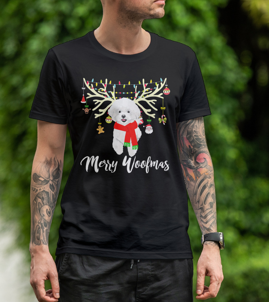 Merry Woofmas Bichon Frise Reindeer Christmas Decorations And Lights T-Shirt
