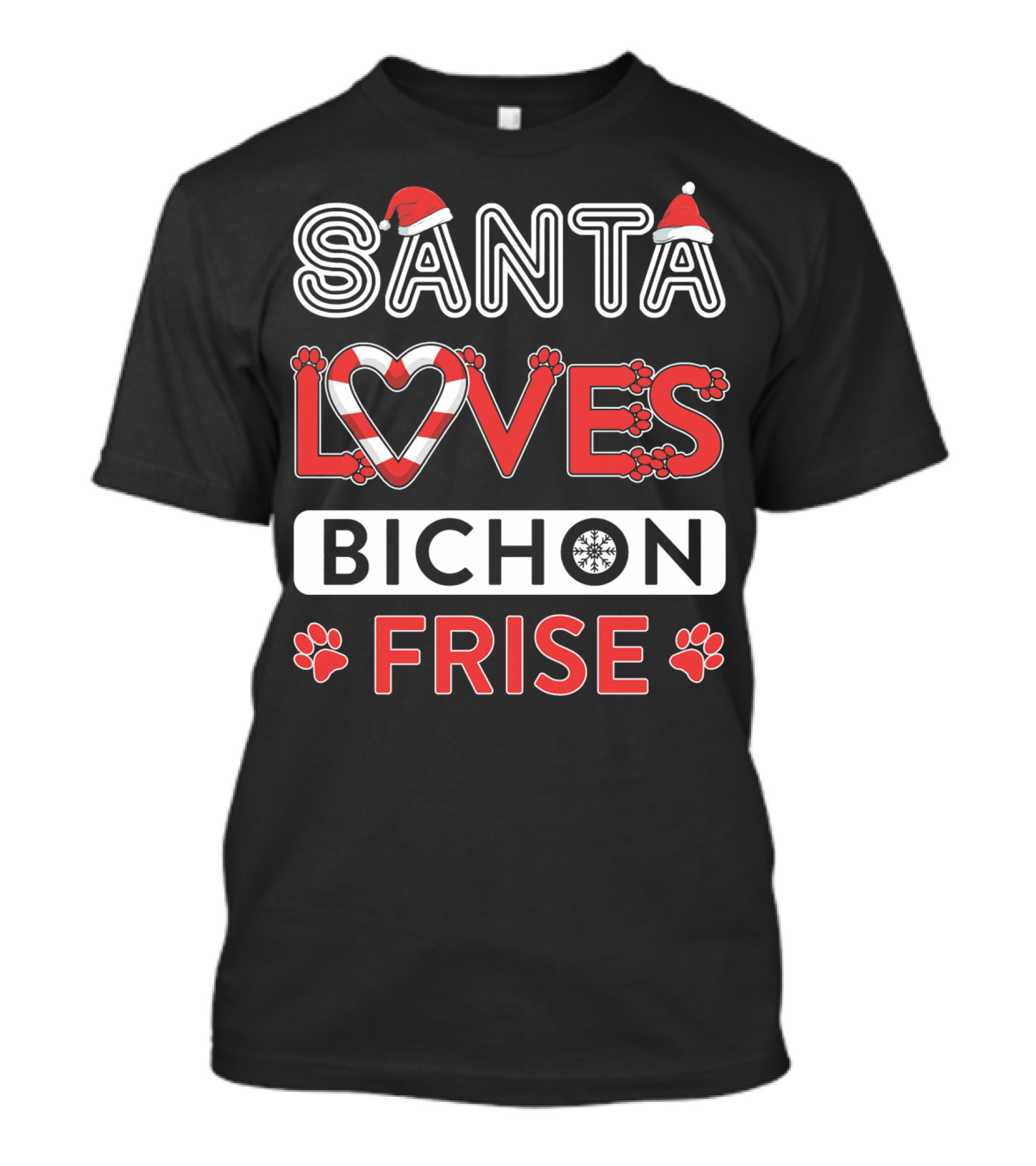 Santa Loves Bichon Frise Paw Print Heart Snowflake T-Shirt