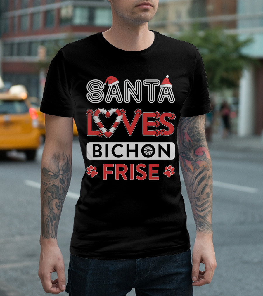 Santa Loves Bichon Frise Paw Print Heart Snowflake T-Shirt