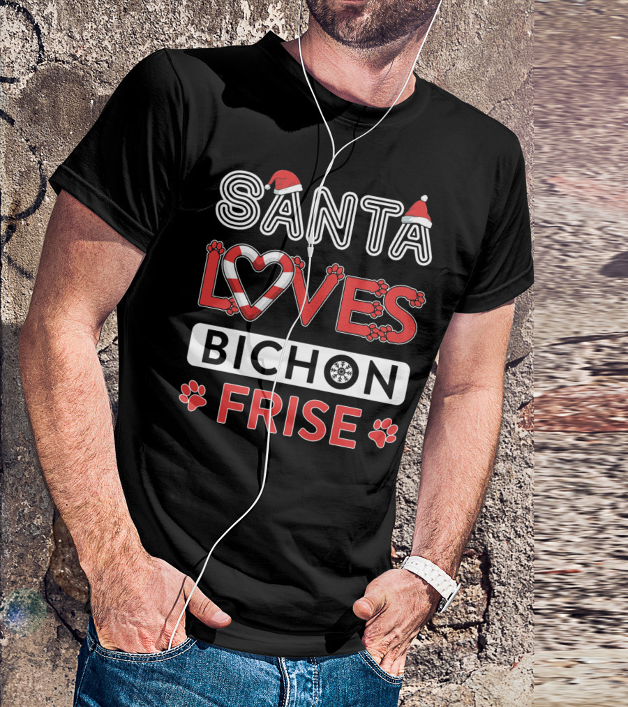Santa Loves Bichon Frise Paw Print Heart Snowflake T-Shirt