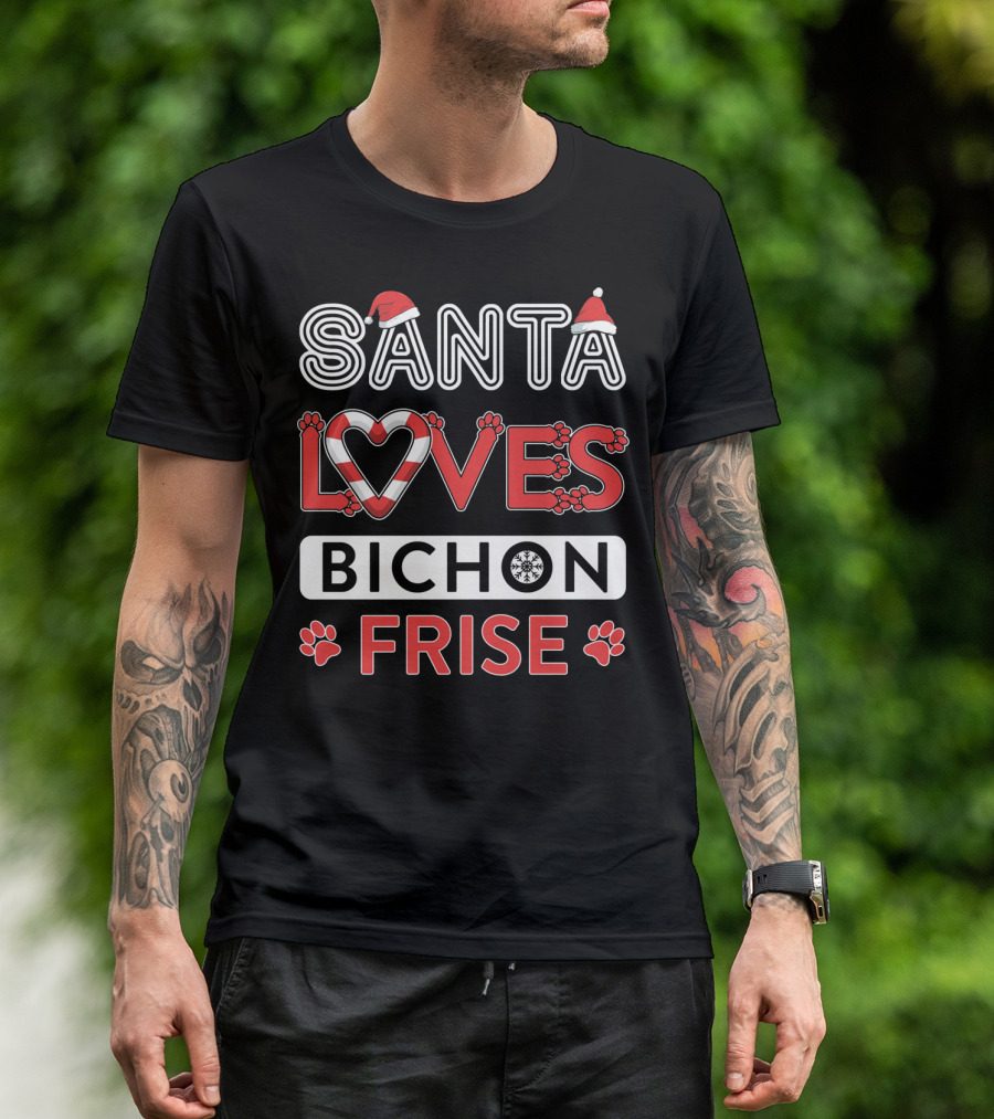 Santa Loves Bichon Frise Paw Print Heart Snowflake T-Shirt