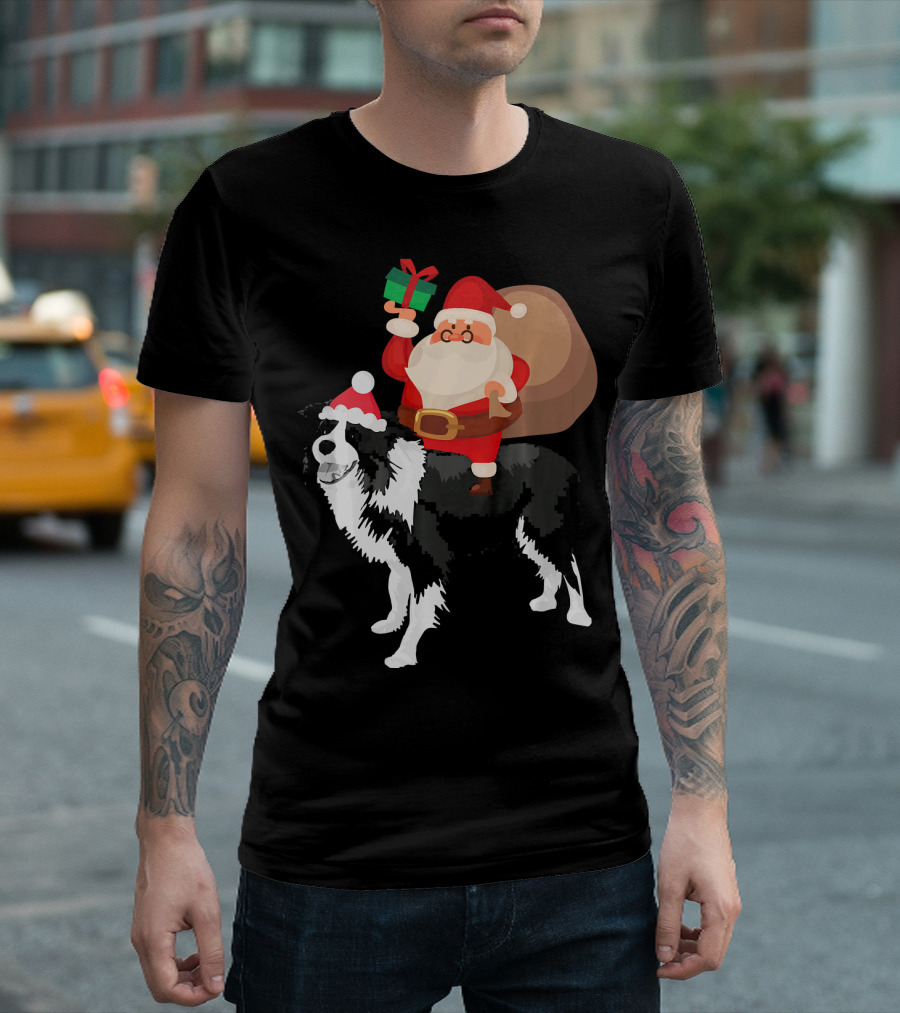 Santa Riding Border Collie Christmas Pajamas Festive Santa Hat Present T-Shirt