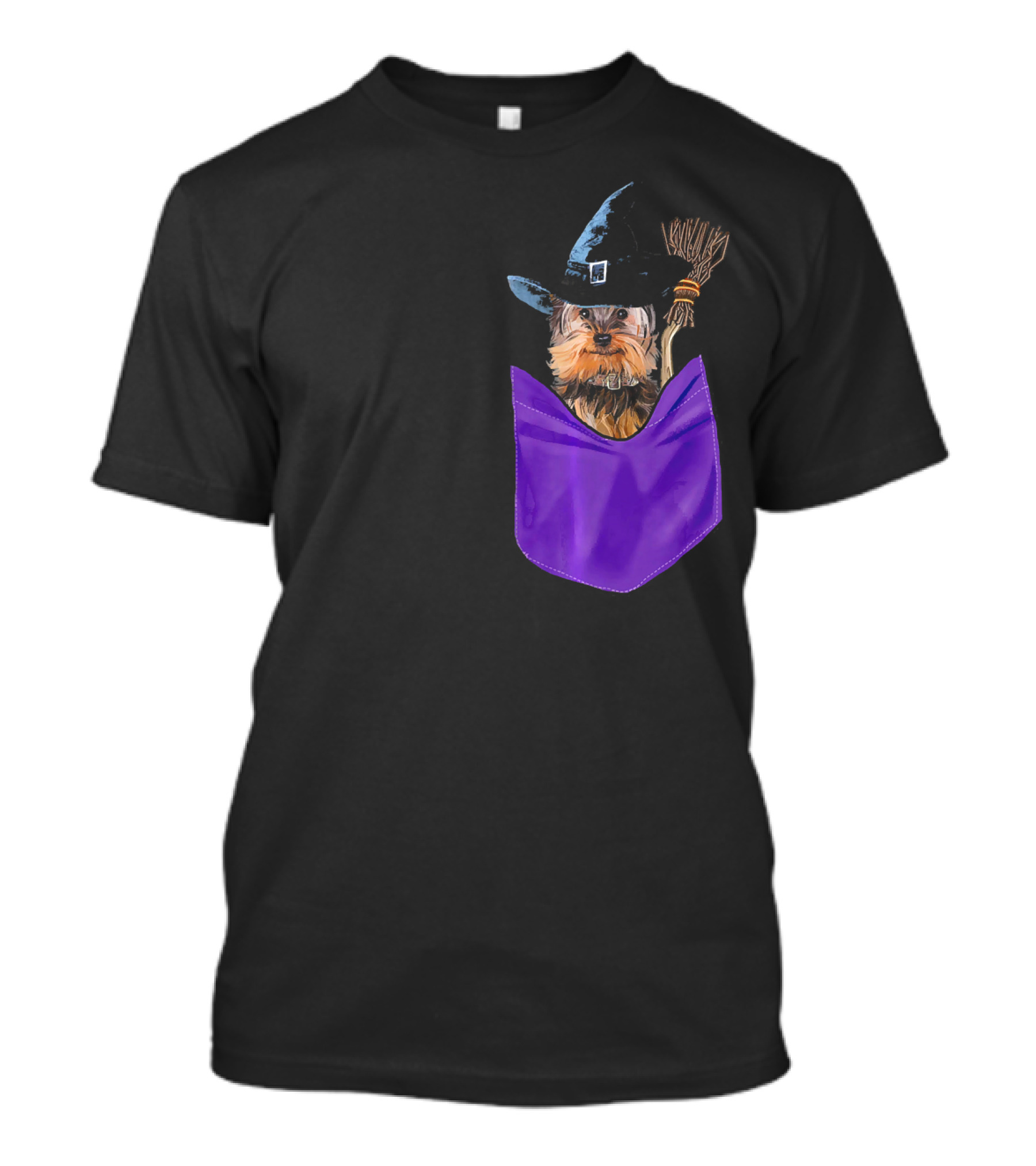 Yorkie Witch In Purple Pocket With Broom T-Shirt