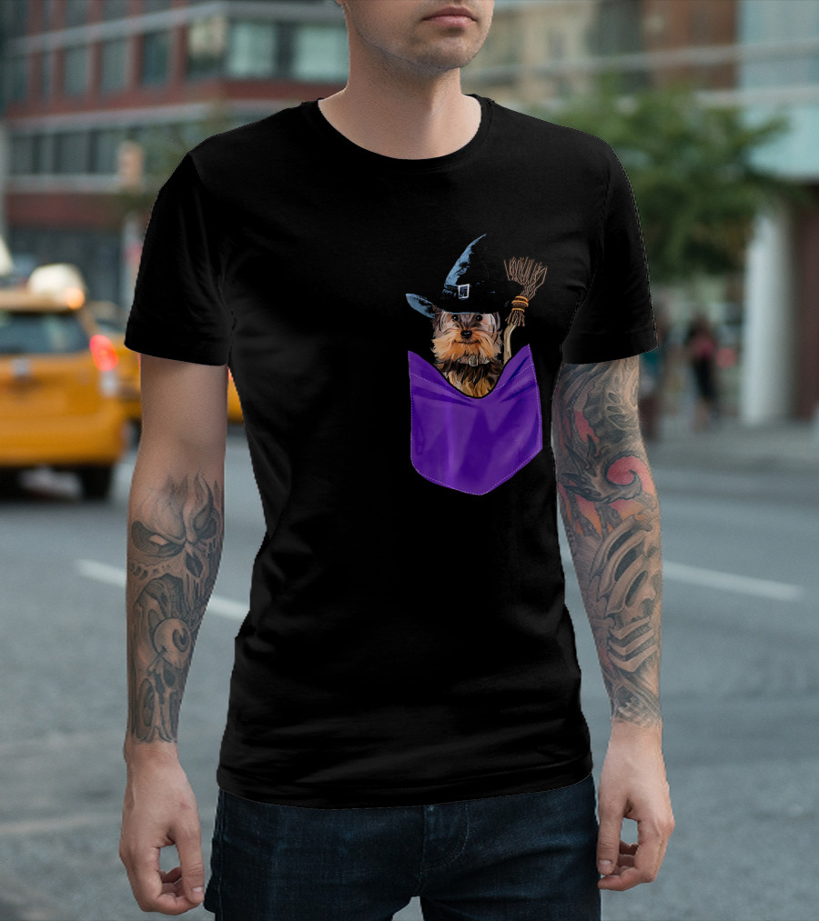 Yorkie Witch In Purple Pocket With Broom T-Shirt