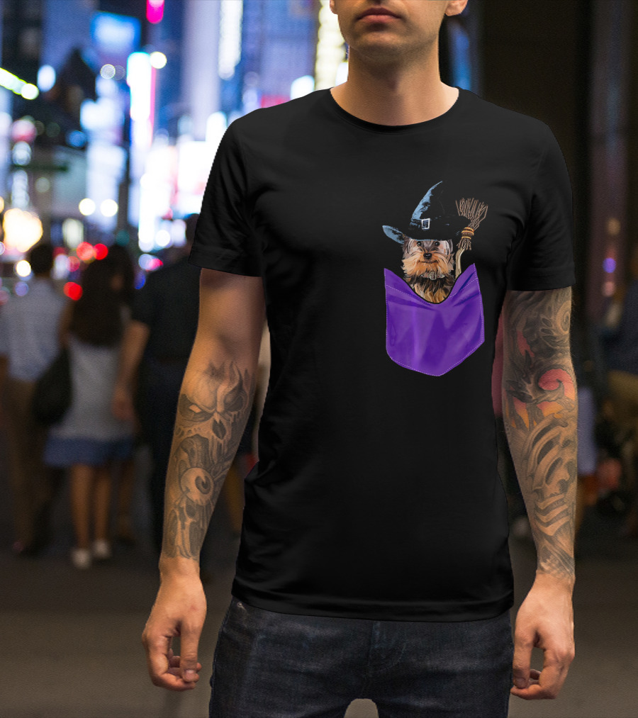 Yorkie Witch In Purple Pocket With Broom T-Shirt